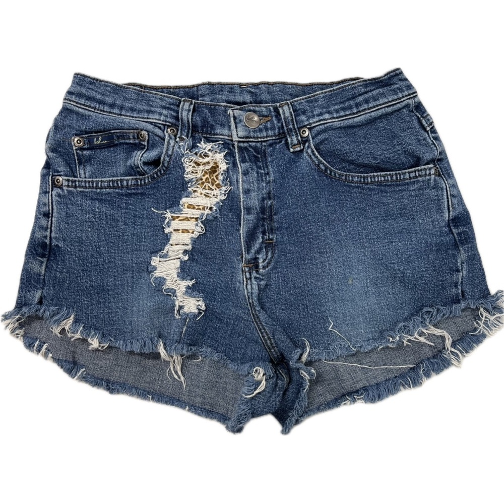Blue distressed Jean shorts with leopard print patch